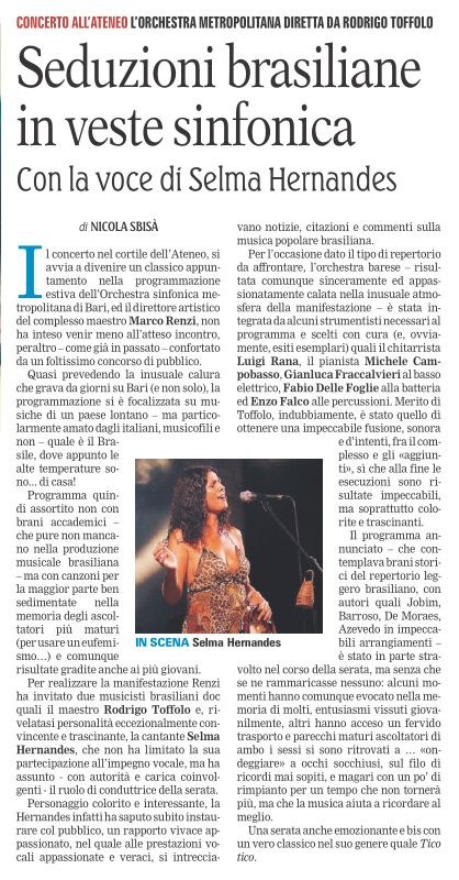 Seduzioni brasiliane in veste sinfonica — artigo de Nicola Sbisà sobre o concerto no Palazzo dell'Ateneo, Bari